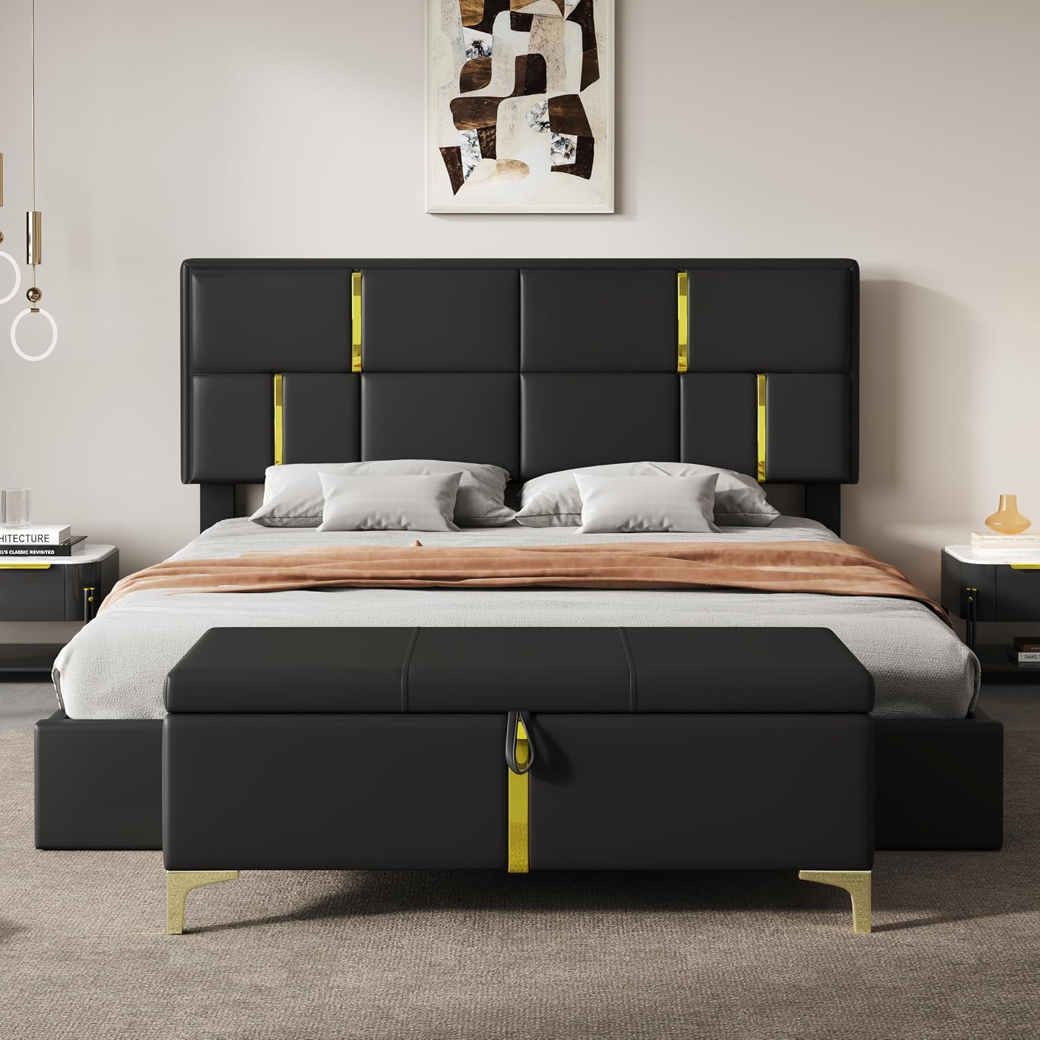 2-Pieces Bedroom Sets, Queen Size PU Upholstered Platform Bed with Hydraulic Storage System, Wood Platform Bed Frame with Metal Legs Storage Ottoman for Kids Teens Adults Bedroom, Black