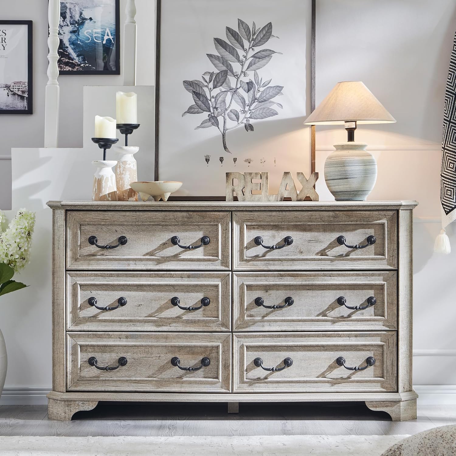 T4TREAM Farmhouse 6 Drawers Dresser for Bedroom, 54' Wide Wood Rustic Chest of Drawers with Natural Texture, Vintage Design, Storage Dressers Organizer for Bedroom, Living Room Light Rustic Oak