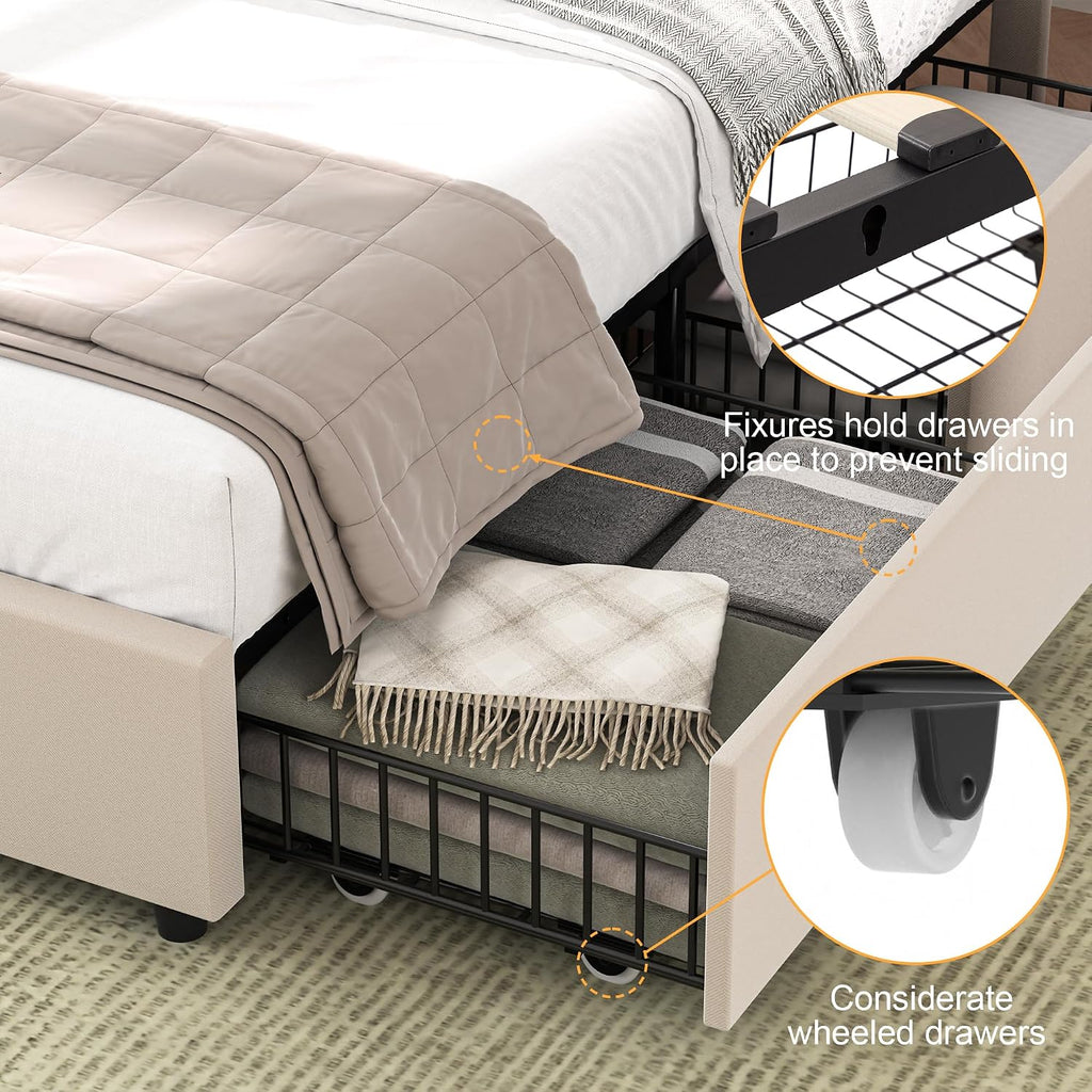 VECELO Full Size Bed Frame with 4 Storage Drawers & Adjustable Headboard, Built-in Charging Station, Upholstered Bedframe with Wood Slats Support, Beige
