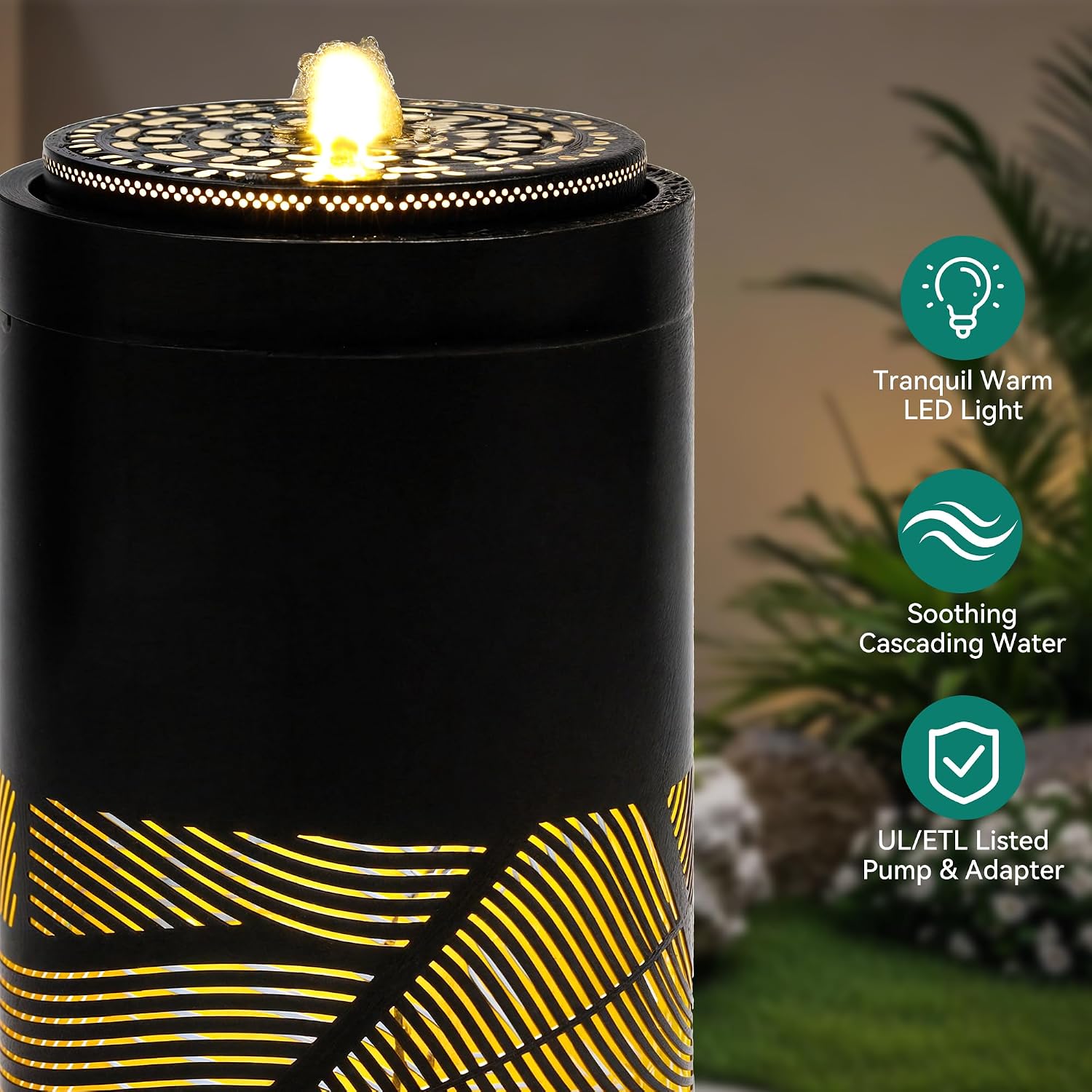 23.75 Inch Modern Outdoor Water Fountain with LED Lights, Black Geometric Bird Bath Garden Fountain for Patio, Yard, Porch Decor, Soothing Waterfall for Relaxing Ambiance, 23.75' H-Jet Black