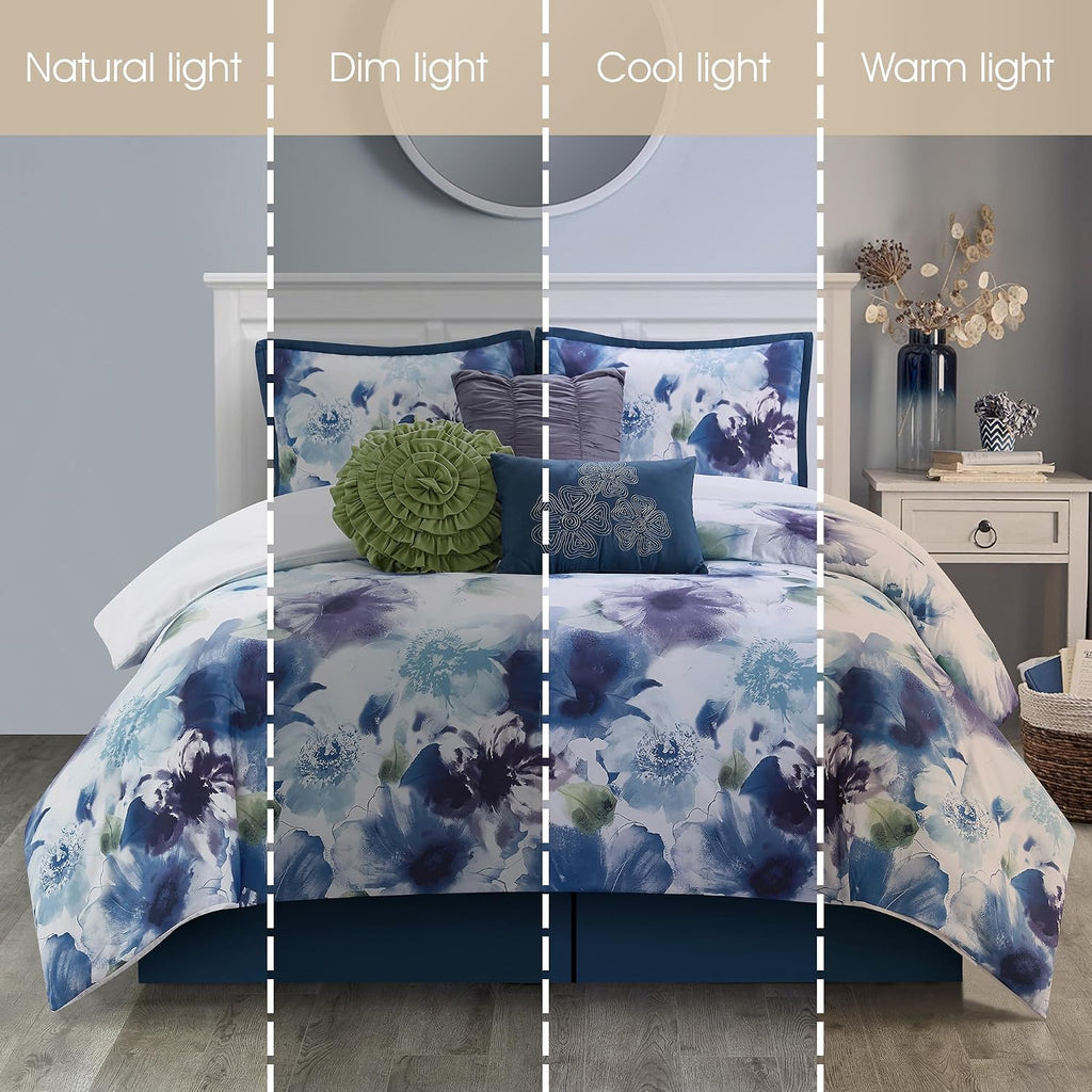 Grand Avenue Blue/Purple California King Comforter Set, 7 Piece, Ultra Soft, Premium Microfiber, Bedskirt, Pillows & Shams