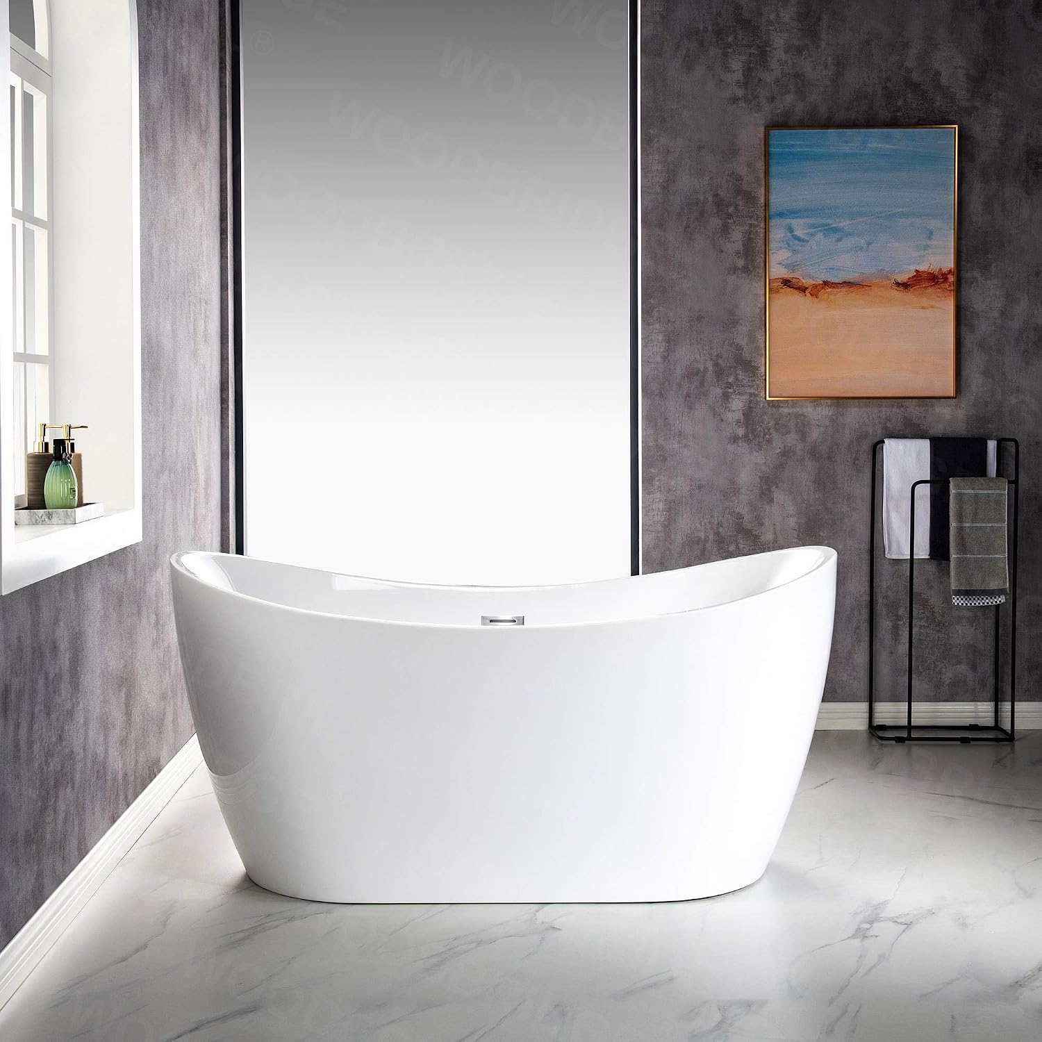 WOODBRIDGE 59'Freestanding White Acylic Soaking Bathtub with Chrome Drain and Overflow,B0011-CH