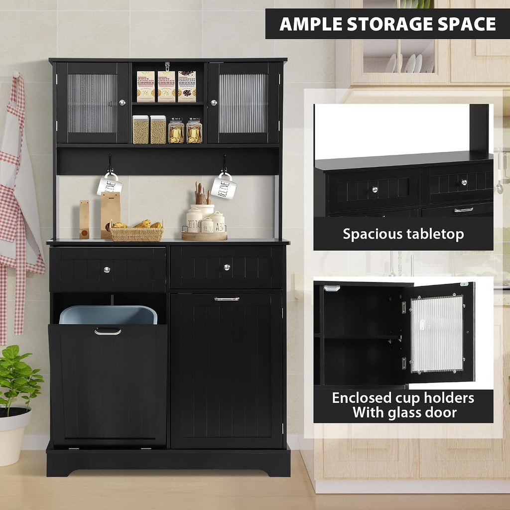 Tilt Out Trash Cabinet,Storage Cabinet,Two Solid Wood Hideaway Trash Holder Drawers,Wooden Freestanding Recycling Cabinets,Trash Can for Kitchen,Black