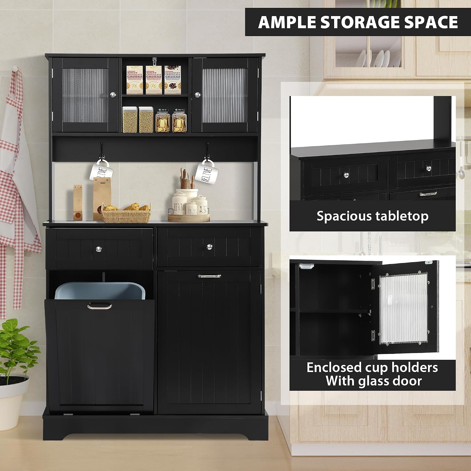 Tilt Out Trash Cabinet,Storage Cabinet,Two Solid Wood Hideaway Trash Holder Drawers,Wooden Freestanding Recycling Cabinets,Trash Can for Kitchen,Black