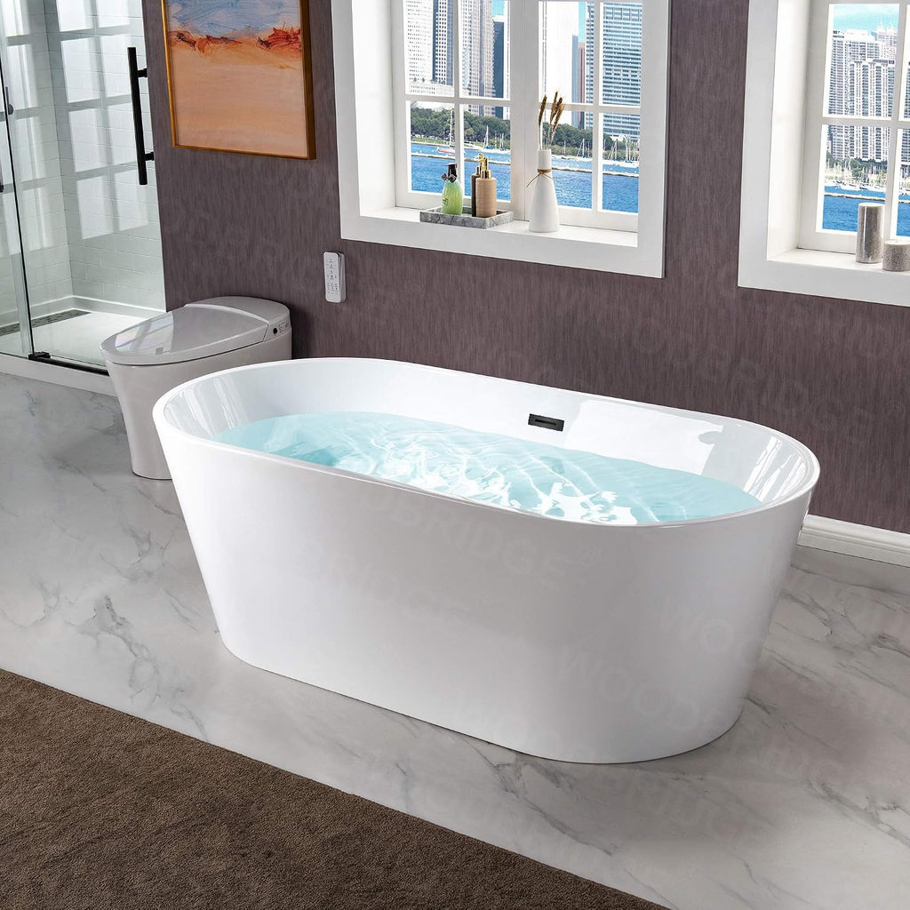 WOODBRIDGE 67' Freestanding Acylic Soaking Bathtub with White, Drain and Overflow inMatte, BTA1513-MB-Drain &O+ Pillow, Matte Black