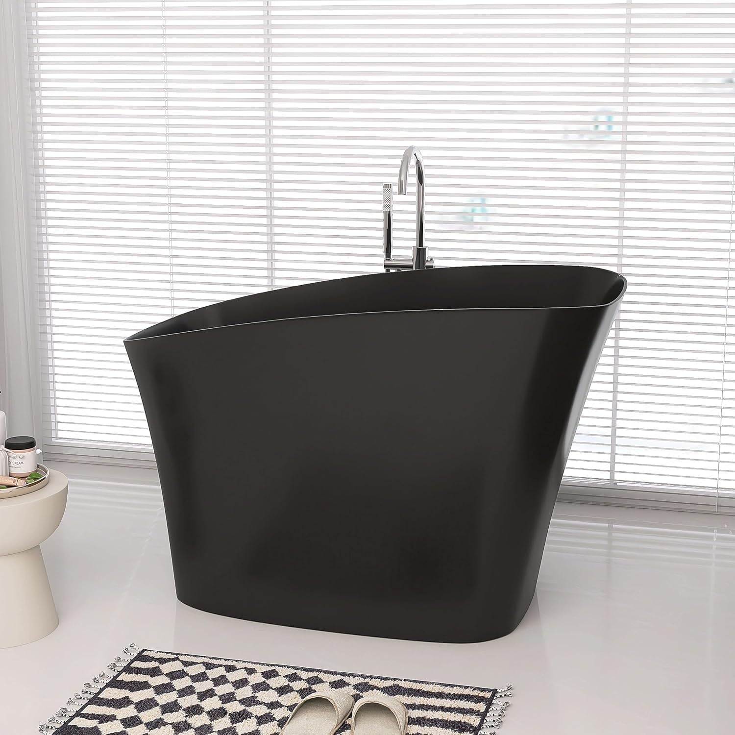 SJ STAR&JANE 51' Solid Surface Japanese Soaking Bathtub Stone Resin Freestanding Tub Deep Soaking Bathtub Sit-In Design with Overflow and Drain in Matte Black