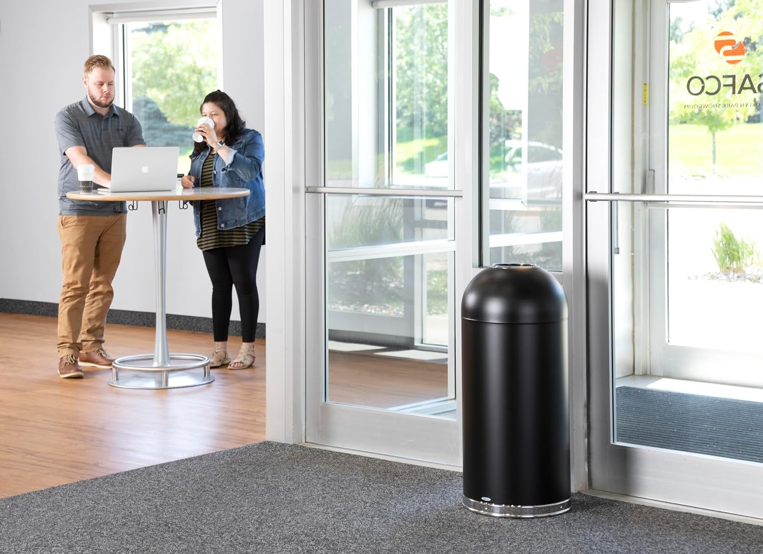 Safco Open Top Dome Trash Can, 15 Gallon Stainless Steel Garbage Can for Indoor Use, Hands Free, Black