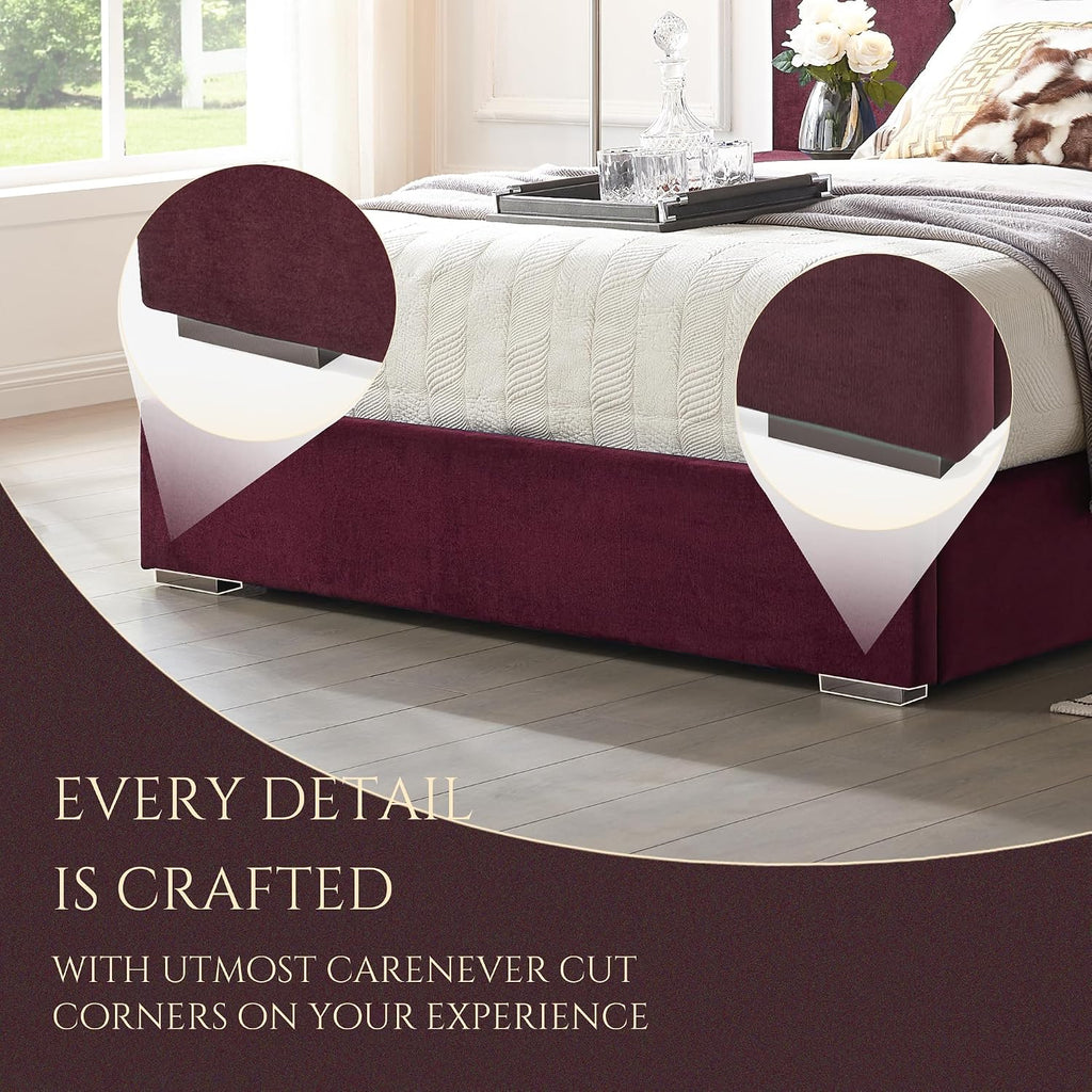 Luxurious Queen Platform Bed Frame, Velvet Upholstered Headboard with 2 Built-in Wall Sconces & Nightstands, Sturdy Metal & Solid Wood Frame, Squeak-Free, No Box Spring Needed, Burgundy Red