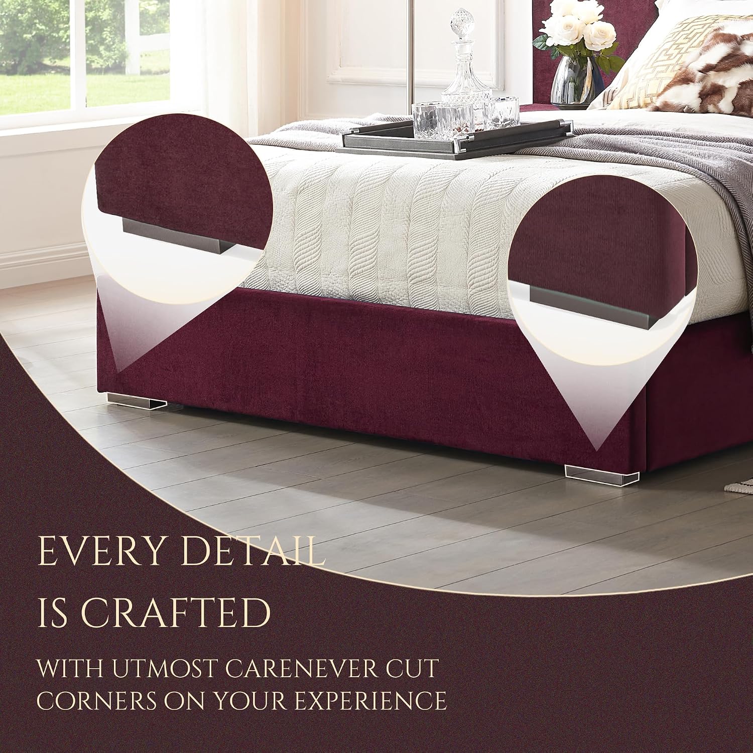 Luxurious Queen Platform Bed Frame, Velvet Upholstered Headboard with 2 Built-in Wall Sconces & Nightstands, Sturdy Metal & Solid Wood Frame, Squeak-Free, No Box Spring Needed, Burgundy Red