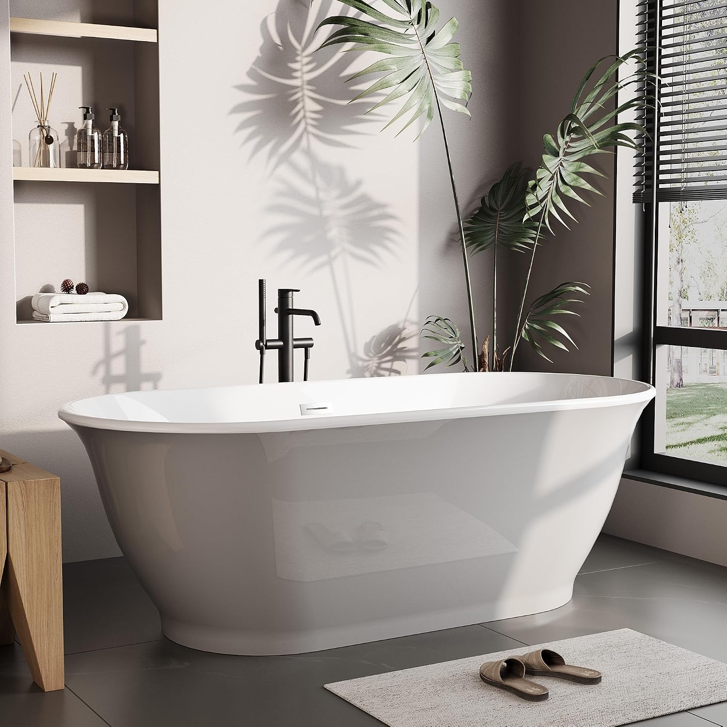 67' Freestanding Acrylic Soaking Bathtub, CUPC Certified Modern Bathtub with Matte Black Drain & Overflow, Glossy White Ergonomic Design for Bathroom