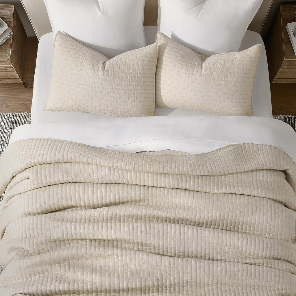 EVERGRACE Cross Stitch Pre-Washed Cotton Quilt Bedding Set King Size, Oversized 3 Pieces Lightweight Bedspread Coverlet for All Season, with 2 Matching Shams, Flax Beige,108'x96'