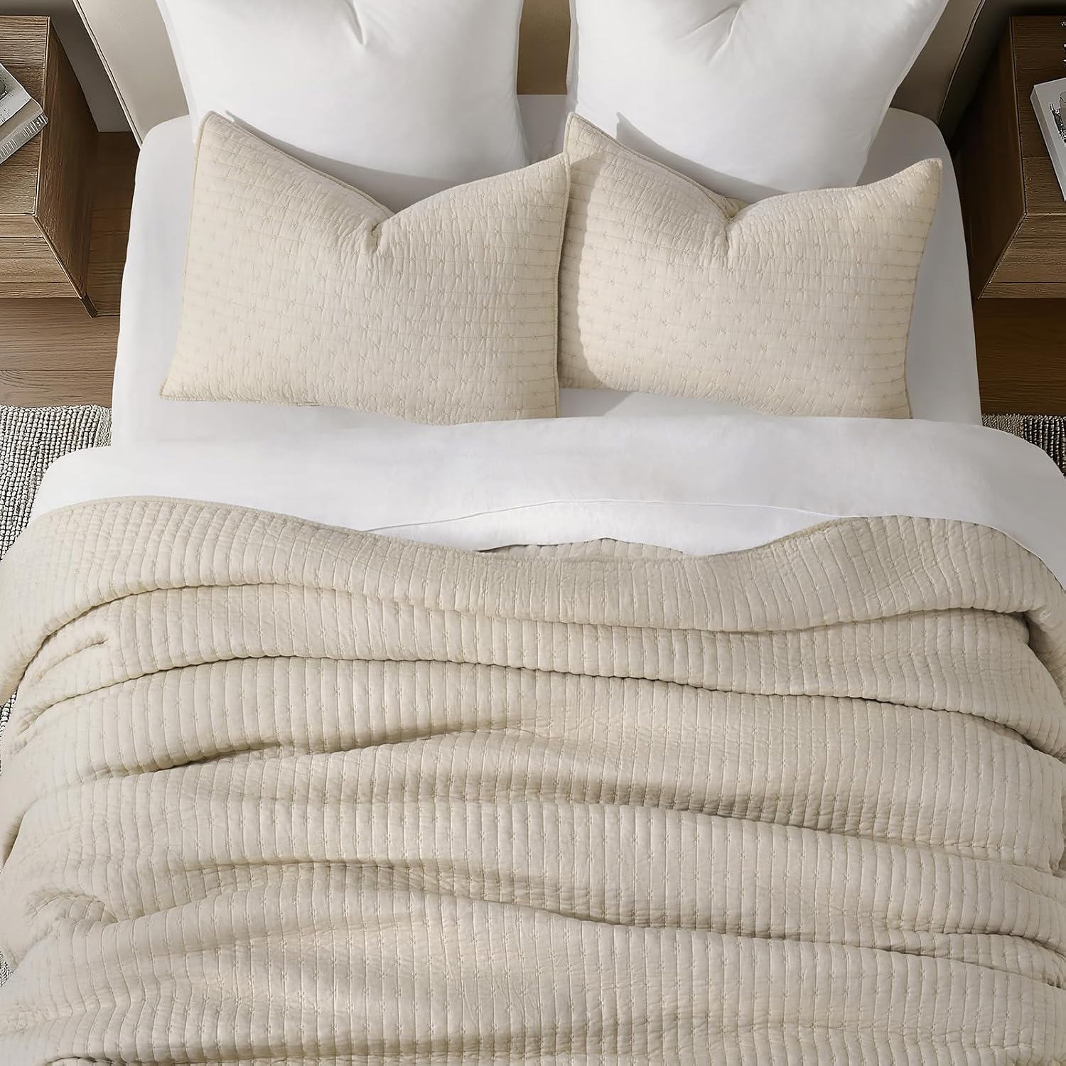 EVERGRACE Cross Stitch Pre-Washed Cotton Quilt Bedding Set King Size, Oversized 3 Pieces Lightweight Bedspread Coverlet for All Season, with 2 Matching Shams, Flax Beige,108'x96'