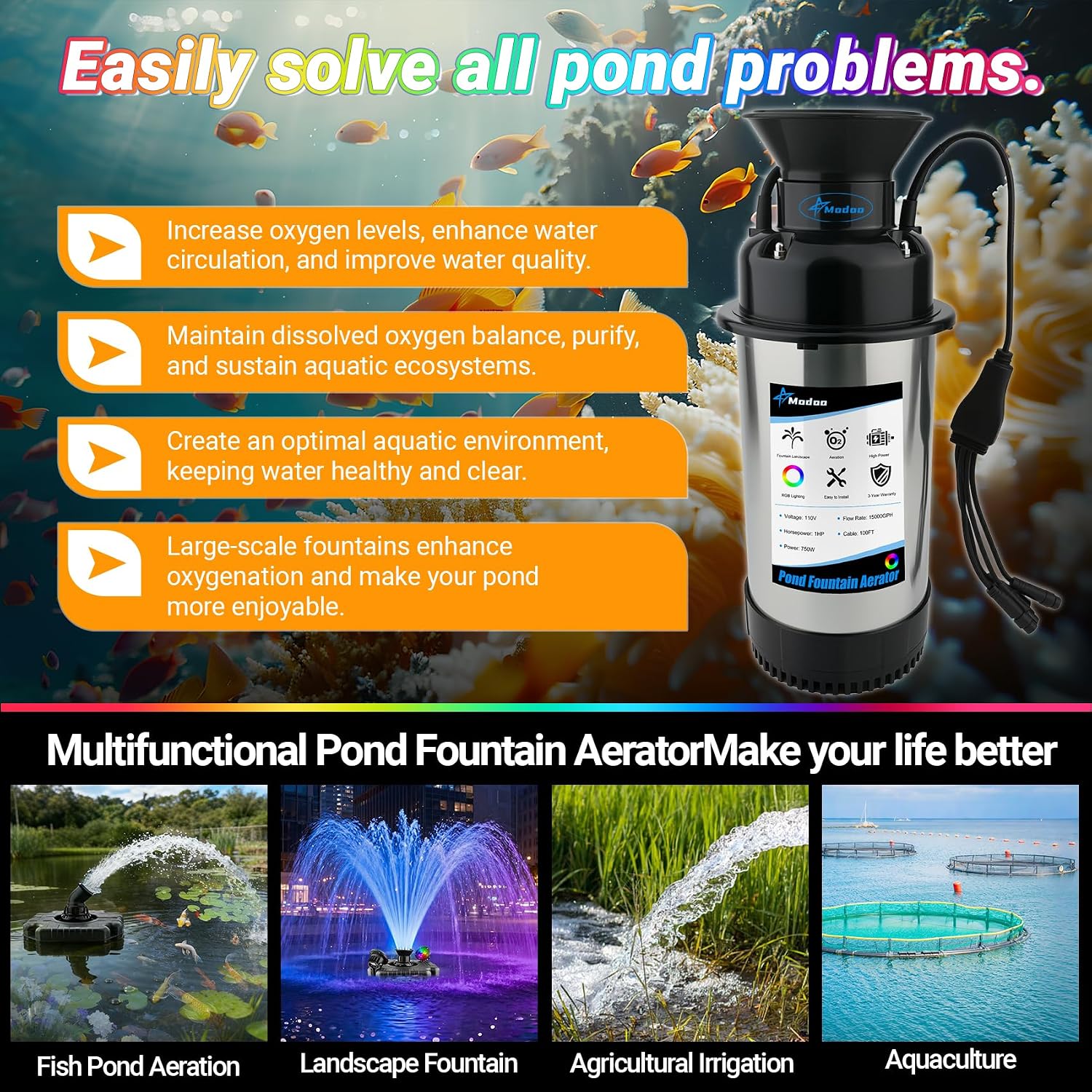 Pond Fountain Aerator with Lights, Dynamic RGB Light 1HP 750W Floating Fountain for Pond Lake, 110V 15000 GPH Fully Automatic Stainless Steel Fountain Pump 100Ft Cord with 2 LED Lights and Nail, Rope