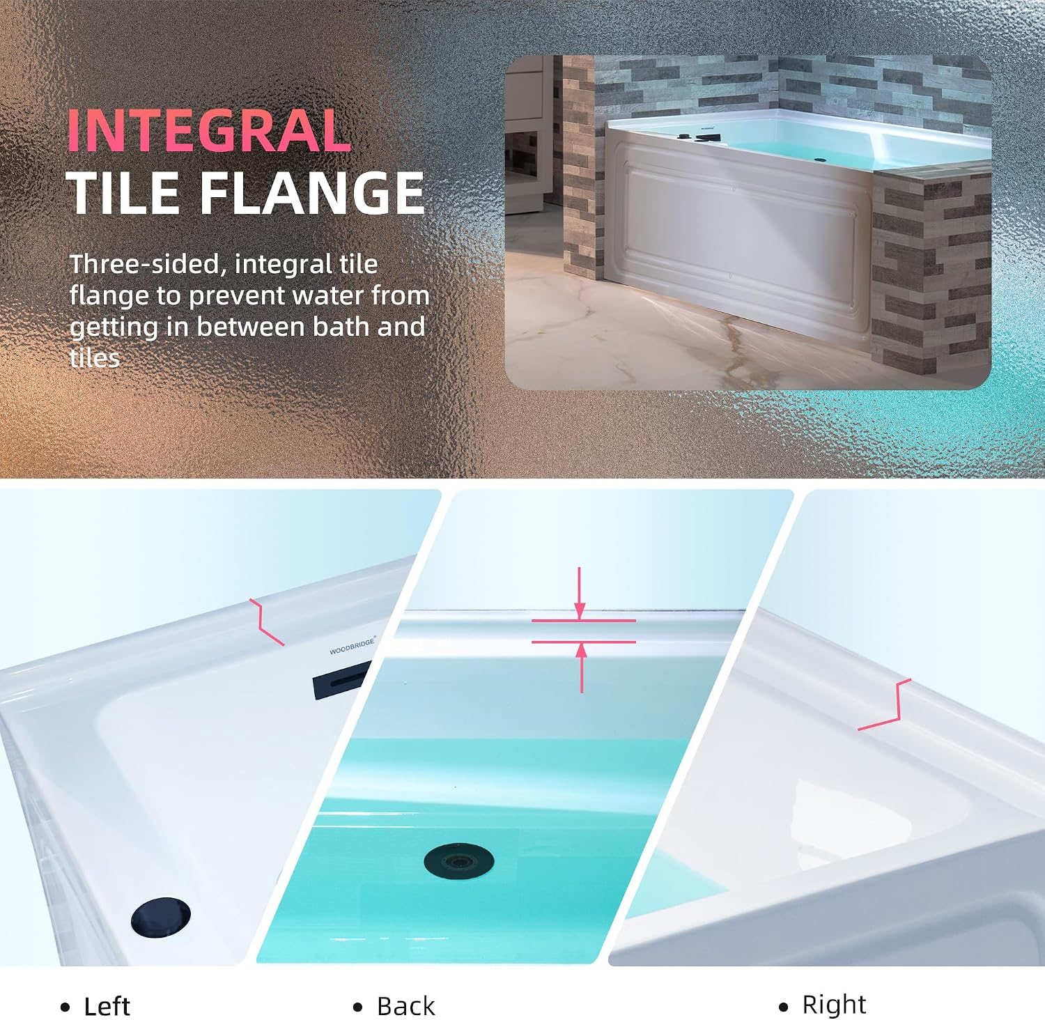 WOODBRIDGE 60' Alcove Acrylic Rectangular Whirlpool Heated Jetted Tub in White with Left Drain, Matte Black pop-up Drain Included BM6030L