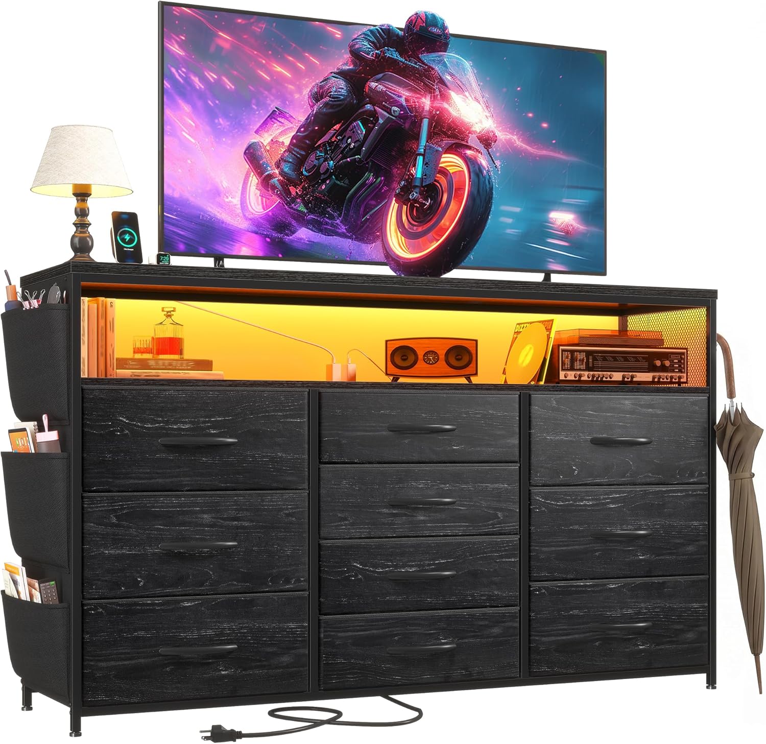 EnHomee Dresser for Bedroom with 10 Drawers, 55' TV Stands with LED Lights & Power Outlets, Dressers with Shelves & Side Pockets, Hooks for Hallway,Charcoal Black