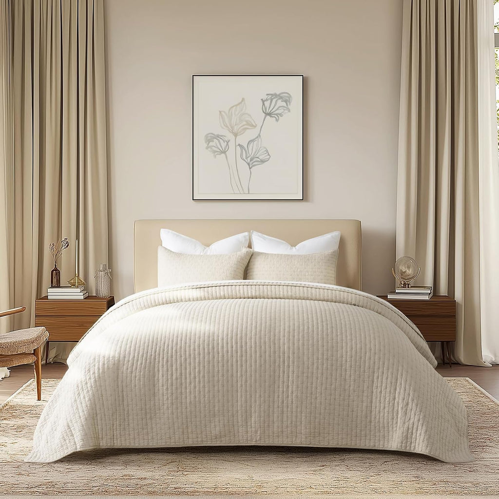 EVERGRACE Cross Stitch Pre-Washed Cotton Quilt Bedding Set Queen Size, Oversized 3 Pieces Lightweight Bedspread Coverlet for All Season, with 2 Matching Shams, Flax Beige, 92'x96'