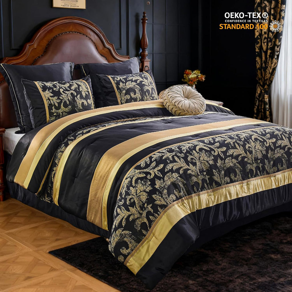 Finlonte 7-Pieces Black Gold Comforter Set Queen Size, Luxury Jacquard Floral Bed in a Bag, Vintage Geometric Patchwork All Season Down Alternative Bedding Set with Matching Pillows, Shams, Bed Skirt