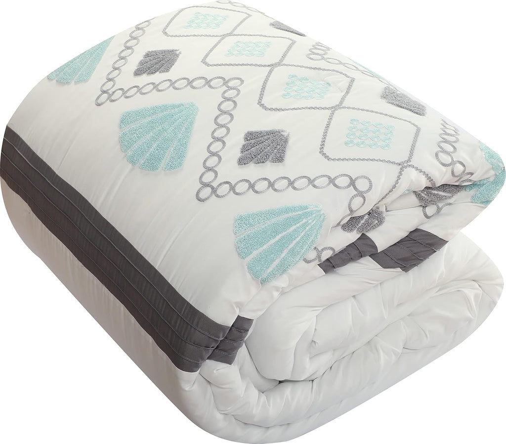 Grand Avenue Blue Fan-Shaped King Comforter Set, 7 Piece, Terry Embroidery Geometric Bedding Sets & Collections, Bedskirt, Pillows & Shams