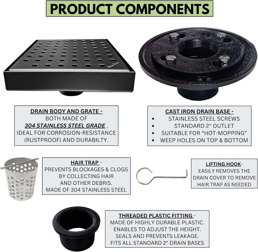 SereneDrains 304 Stainless Steel 6 Inch Square Matte Black Shower Drain Kit with Base Square Design for Tile Floor Drain Grate Cover Hair Catcher Trap Strainer Filter (Matte Black, Cast Iron)