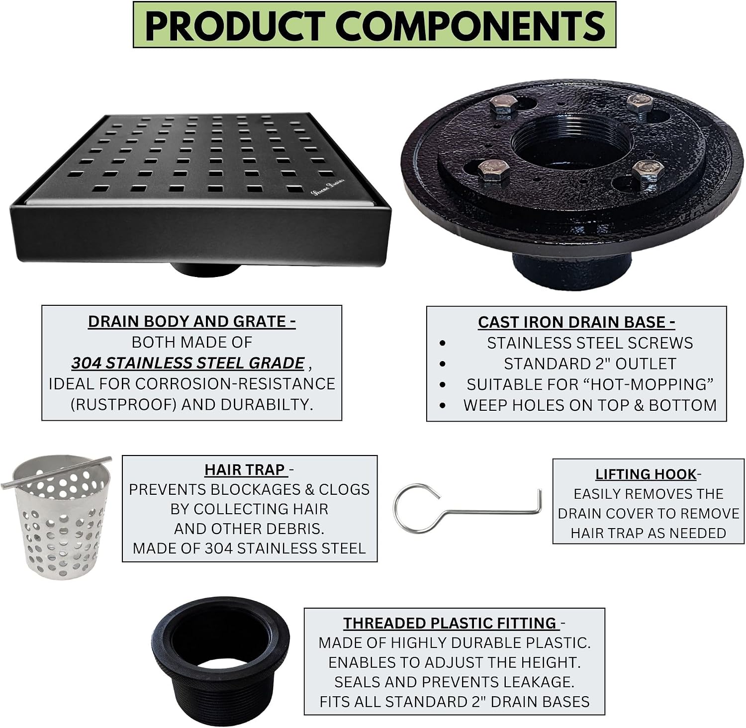 SereneDrains 304 Stainless Steel 6 Inch Square Matte Black Shower Drain Kit with Base Square Design for Tile Floor Drain Grate Cover Hair Catcher Trap Strainer Filter (Matte Black, Cast Iron)