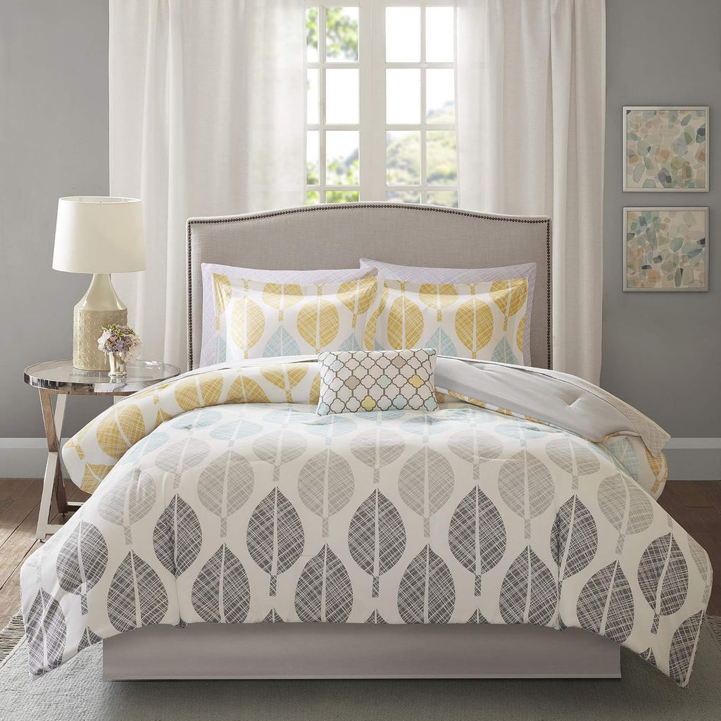 Madison Park Essentials Central Park Bed in a Bag Comforter, Vibrant Color Design All Season Down Alternative Cover with Complete Cotton Sheet Set, Queen(90'x90'), Leaf Yellow/Aqua