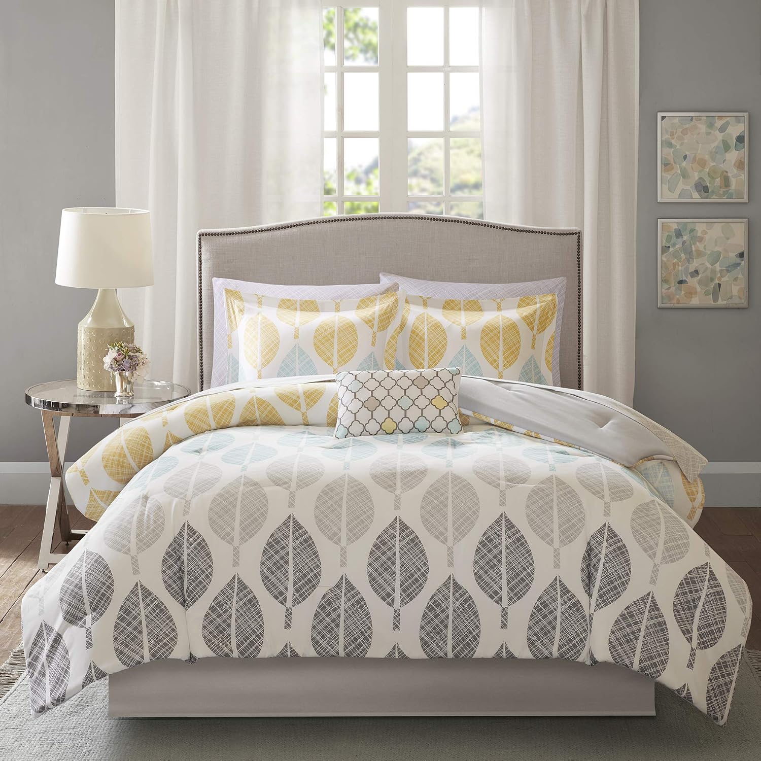 Madison Park Essentials Central Park Bed in a Bag Comforter, Vibrant Color Design All Season Down Alternative Cover with Complete Cotton Sheet Set, Queen(90'x90'), Leaf Yellow/Aqua