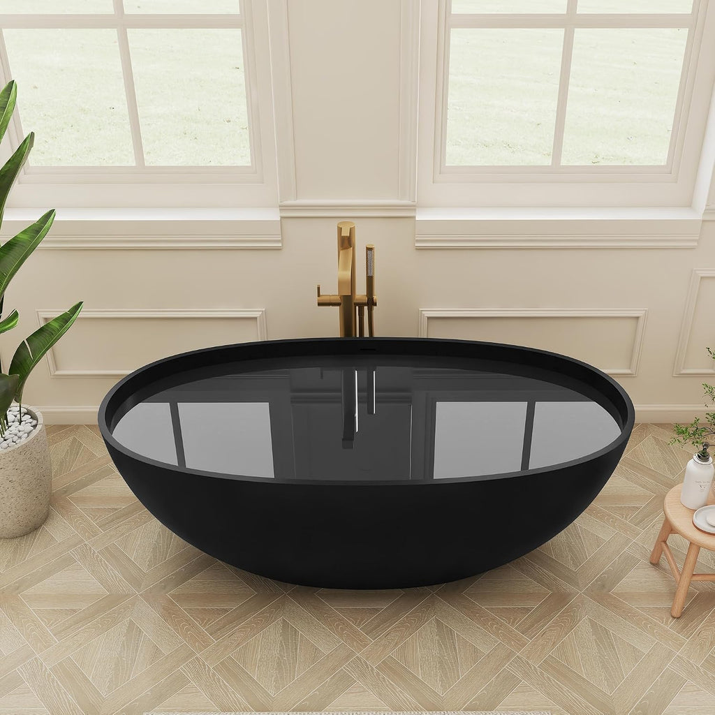 SJ STAR&JANE 61' Solid Surface Freestanding Bathtub, Matte Black Oval Soaking Stone Resin Tub with Overflow and Pop-up Drain for Modern Bathrooms