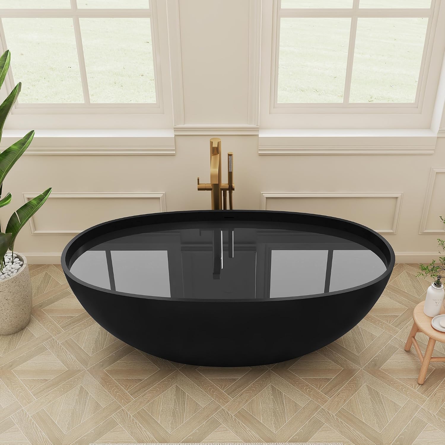 SJ STAR&JANE 61' Solid Surface Freestanding Bathtub, Matte Black Oval Soaking Stone Resin Tub with Overflow and Pop-up Drain for Modern Bathrooms
