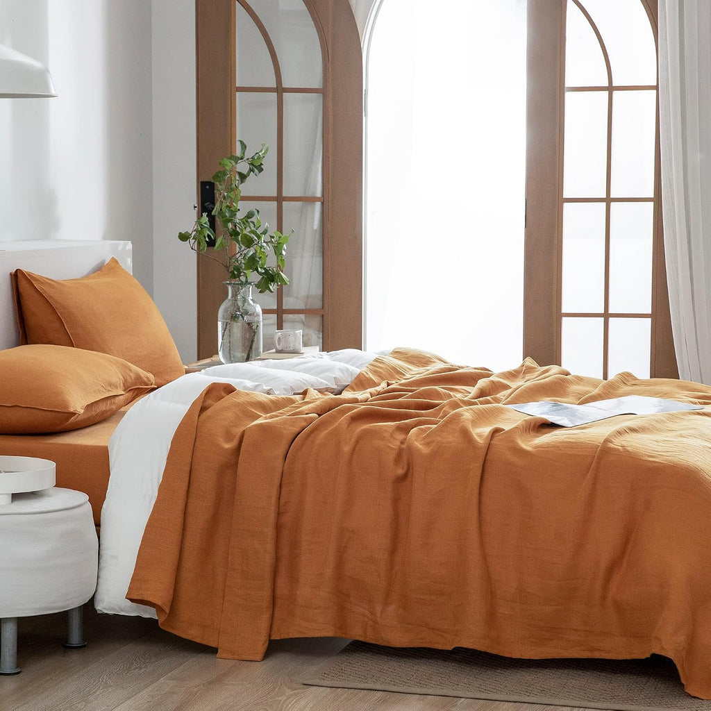 EVERLY Linen Sheets Set Queen Size,100% French Stonewash Pure Linen Sheets Set,4Pieces (1Flat Sheet,1Fitted Sheet,2Pillowcase) Suitable for Hot Sleepers,Deep Pocket Natural Bedding Set-Caramel-Queen