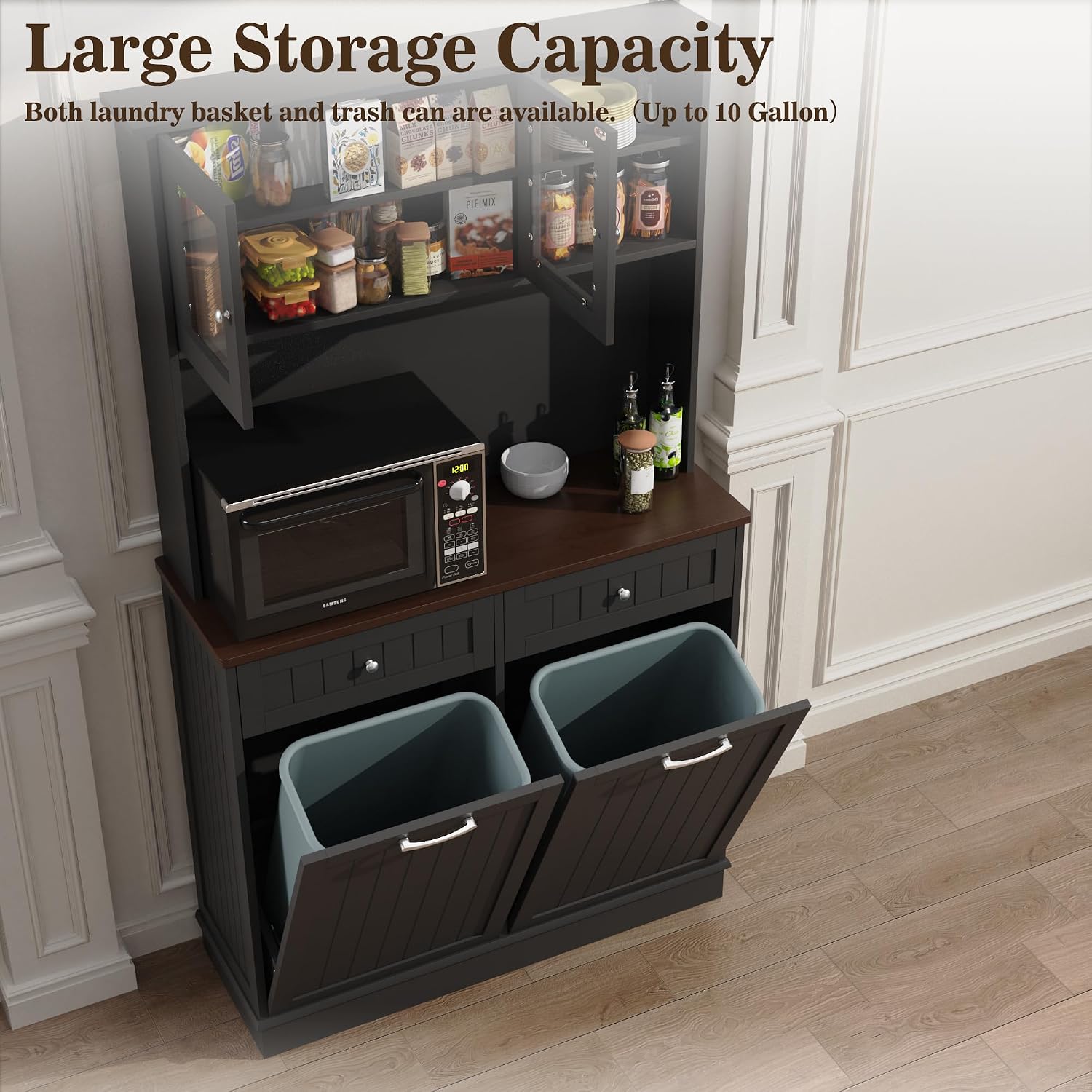 Double Tilt Out Trash Cabinet Storage Cabinet 20 Gallon with Two Solid Wood Hideaway Trash Holder Drawers, Dual Wooden Free Standing Recycling Cabinets Trash Can Bin Kitchen (Black)
