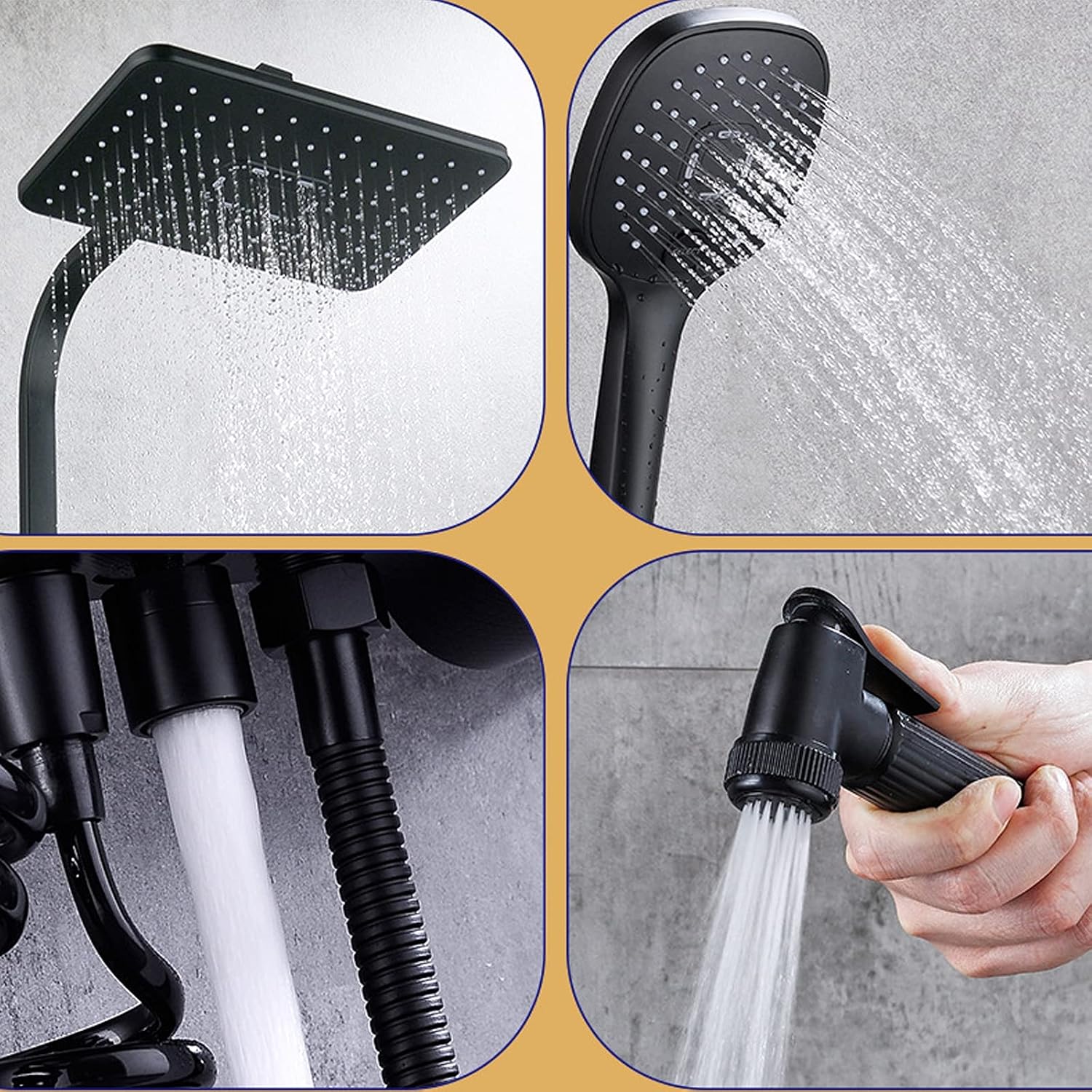 Rain Shower System Complete for Bathroom, Wall Mount Adjustable Shower Faucets Sets with Bath Filler and Bidet Faucets, Rainfall Shower Head and 3 Function Handheld Shower (Color : Black)