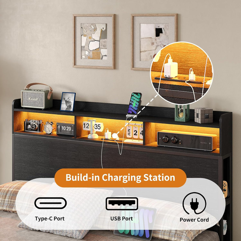 Queen Size Bed Frame with 6 Storage Drawers & Bookcase Headboard, Platform Bed with LED Light and Charging Station, Noise-Free, Easy Assembly, No Box Spring Needed, Black