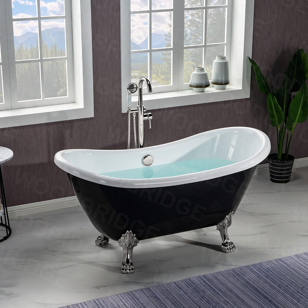 WOODBRIDGE 59' Heavy Duty Acrylic Double Slipper Clawfoot Bath Tub in Black Color with Brushed Nickel Feet + Brushed Nickel Drain &Overflow