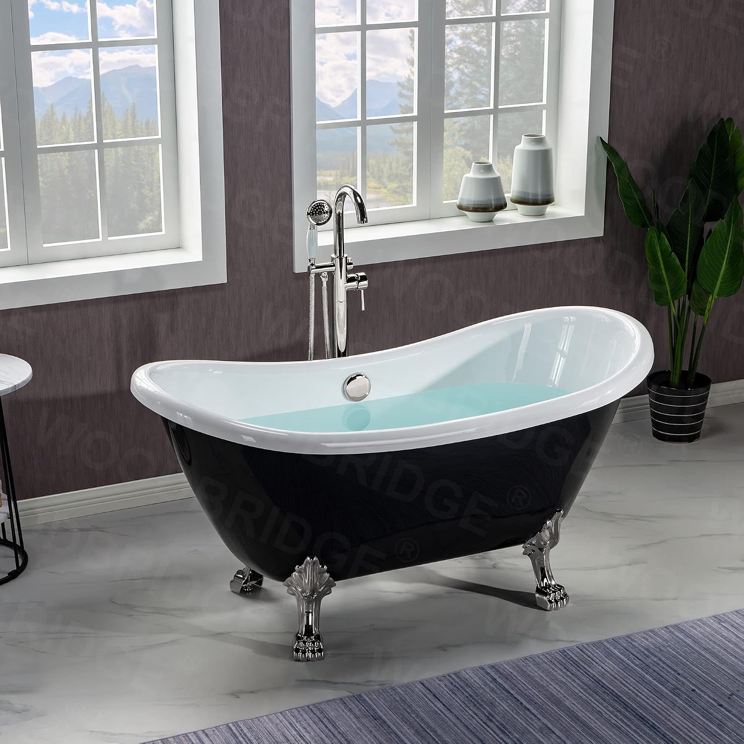 WOODBRIDGE 59' Heavy Duty Acrylic Double Slipper Clawfoot Bath Tub in Black Color with Brushed Nickel Feet + Brushed Nickel Drain &Overflow