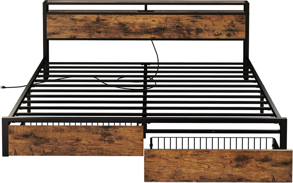 LIKIMIO King Bed Frame with Storage Headboard, Platform Bed with Drawers and Charging Station, No Box Spring Needed, Easy Assembly, Vintage Brown