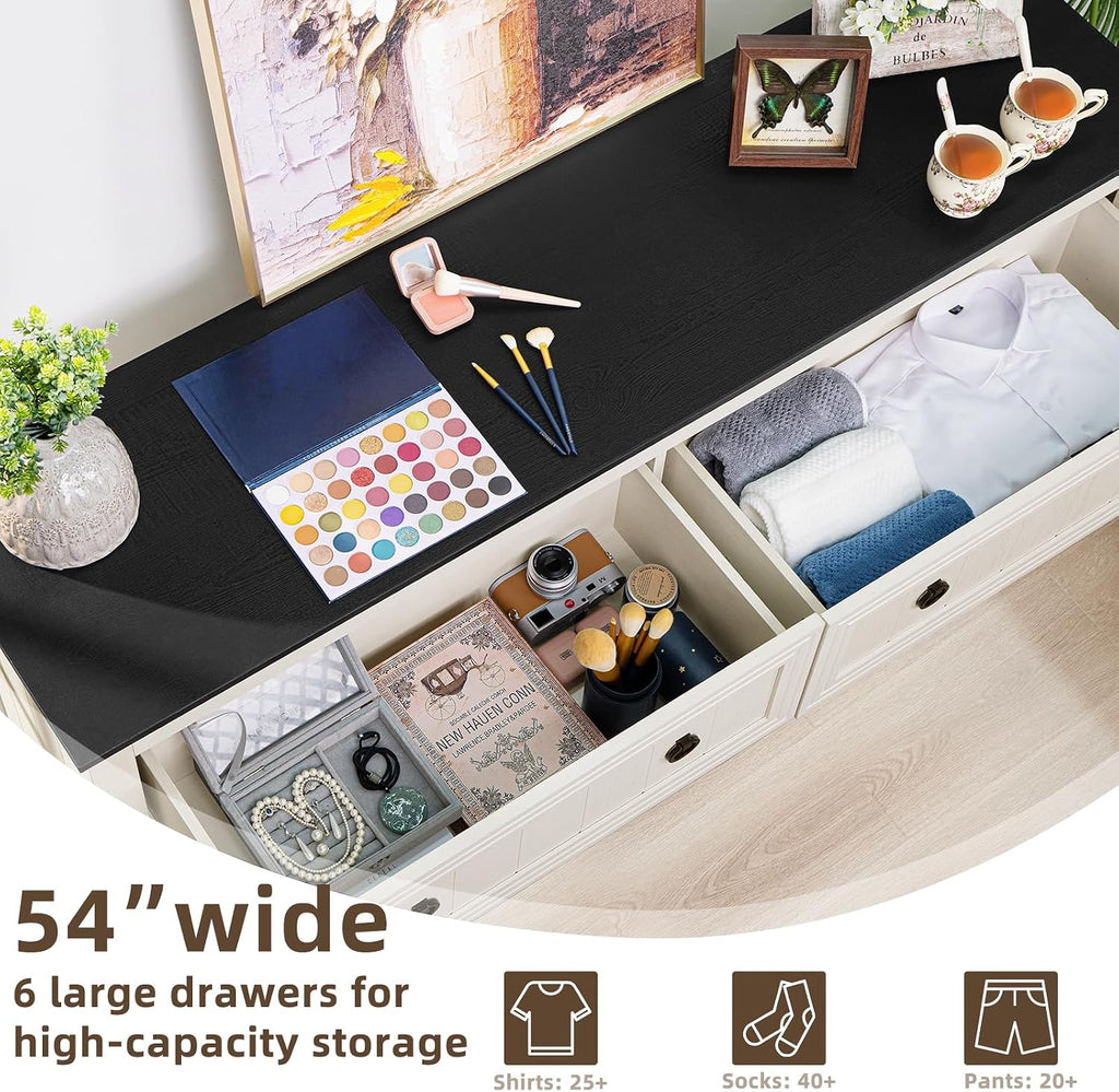 Joaxswe Farmhouse Furniture Set, Nightstands with Charging Station and 6 Drawers Dresser for Bedroom, 54 Inch Wide Wood Dresser and 18' Night Stands for Bedroom, Living Room, Hallway