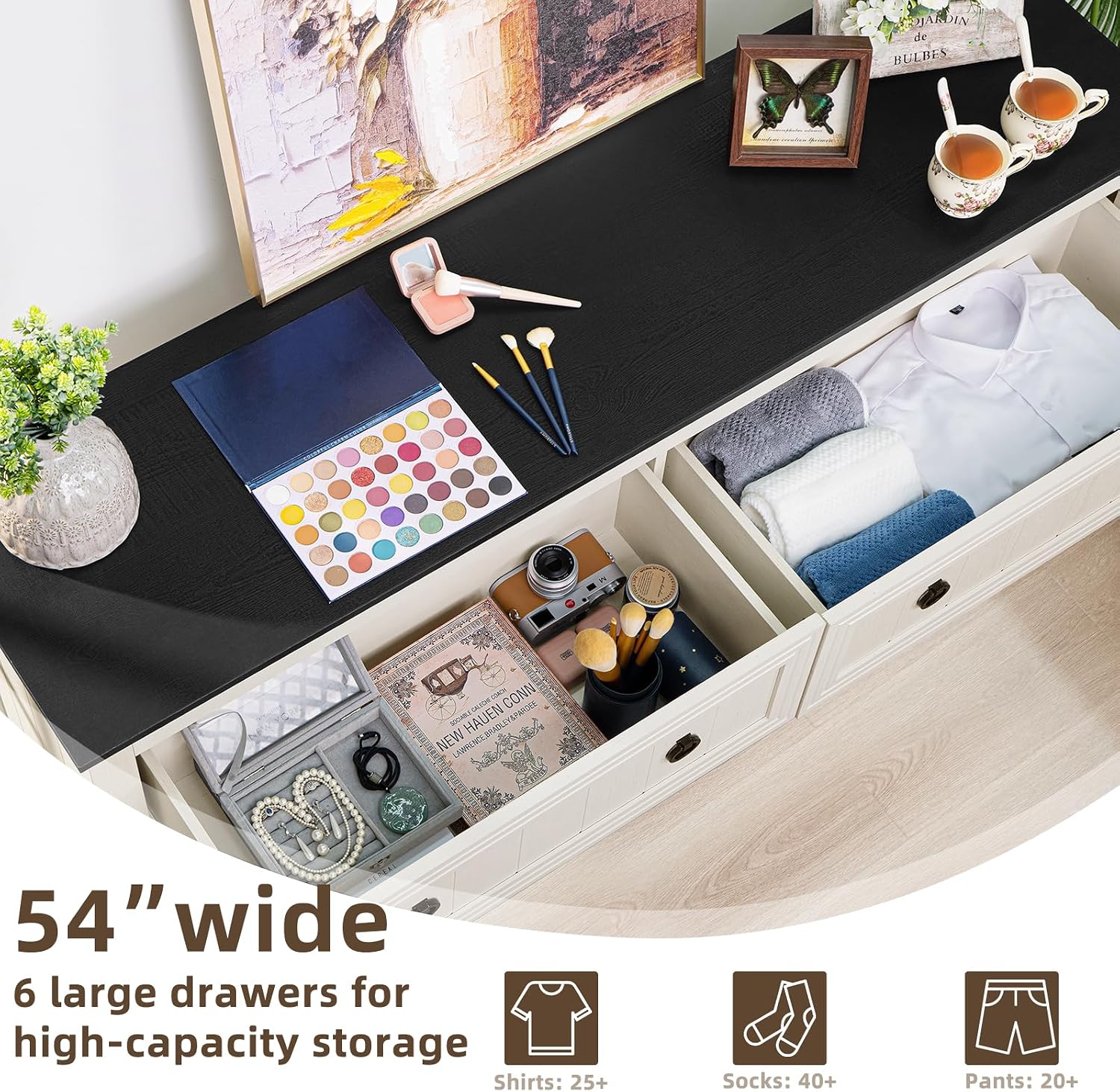 Joaxswe Farmhouse Furniture Set, Nightstands with Charging Station and 6 Drawers Dresser for Bedroom, 54 Inch Wide Wood Dresser and 18' Night Stands for Bedroom, Living Room, Hallway