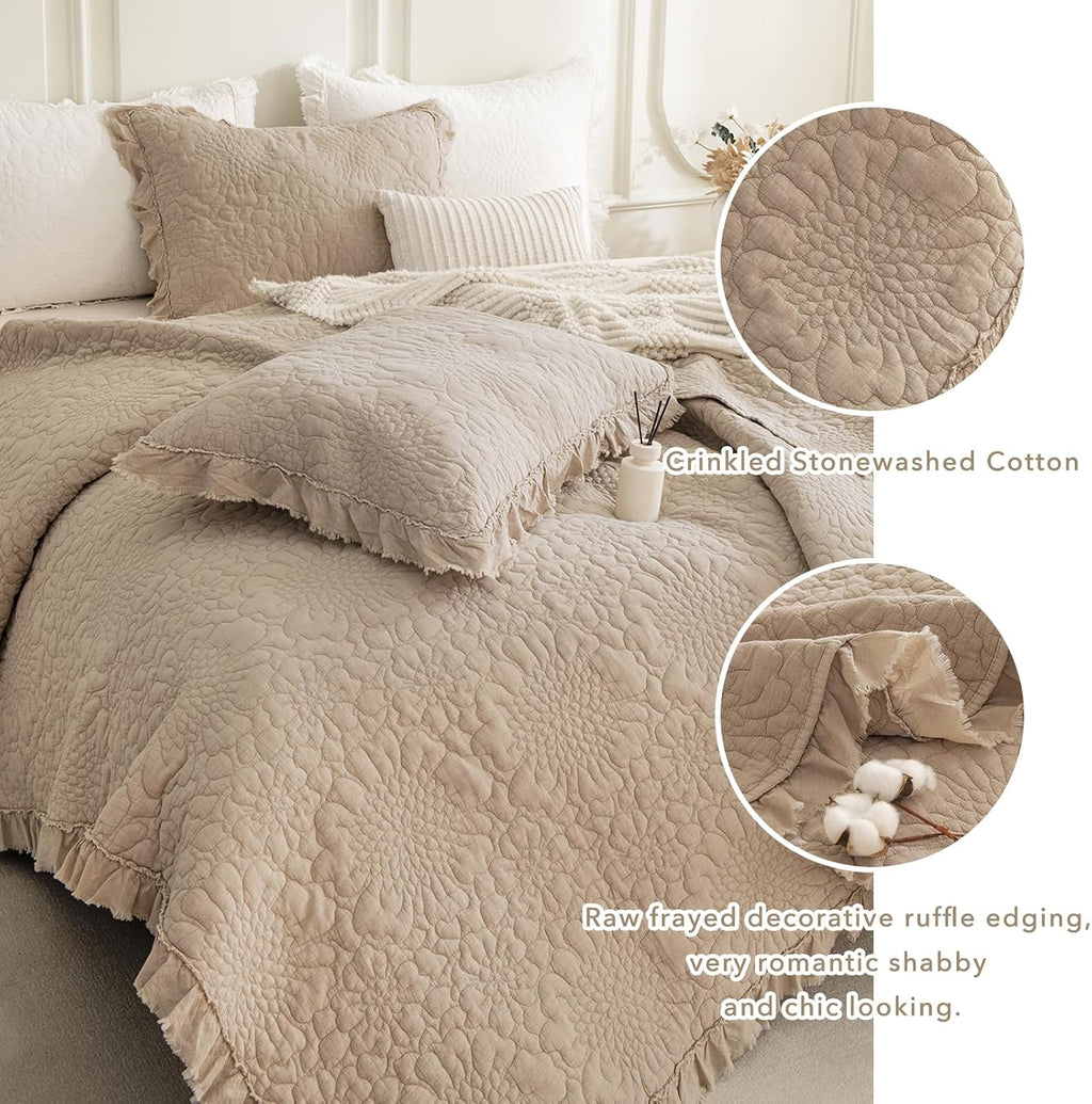 QSH 3PCs Stonewashed Cotton Quilt King (110'x98'), Dark Wheat Ruffled Quilt King Size Bedding Set,Ultra Lightweight Soft Crinkled Bedspread Coverlet King Shabby Farmhouse Chic Bedding for All Seasons