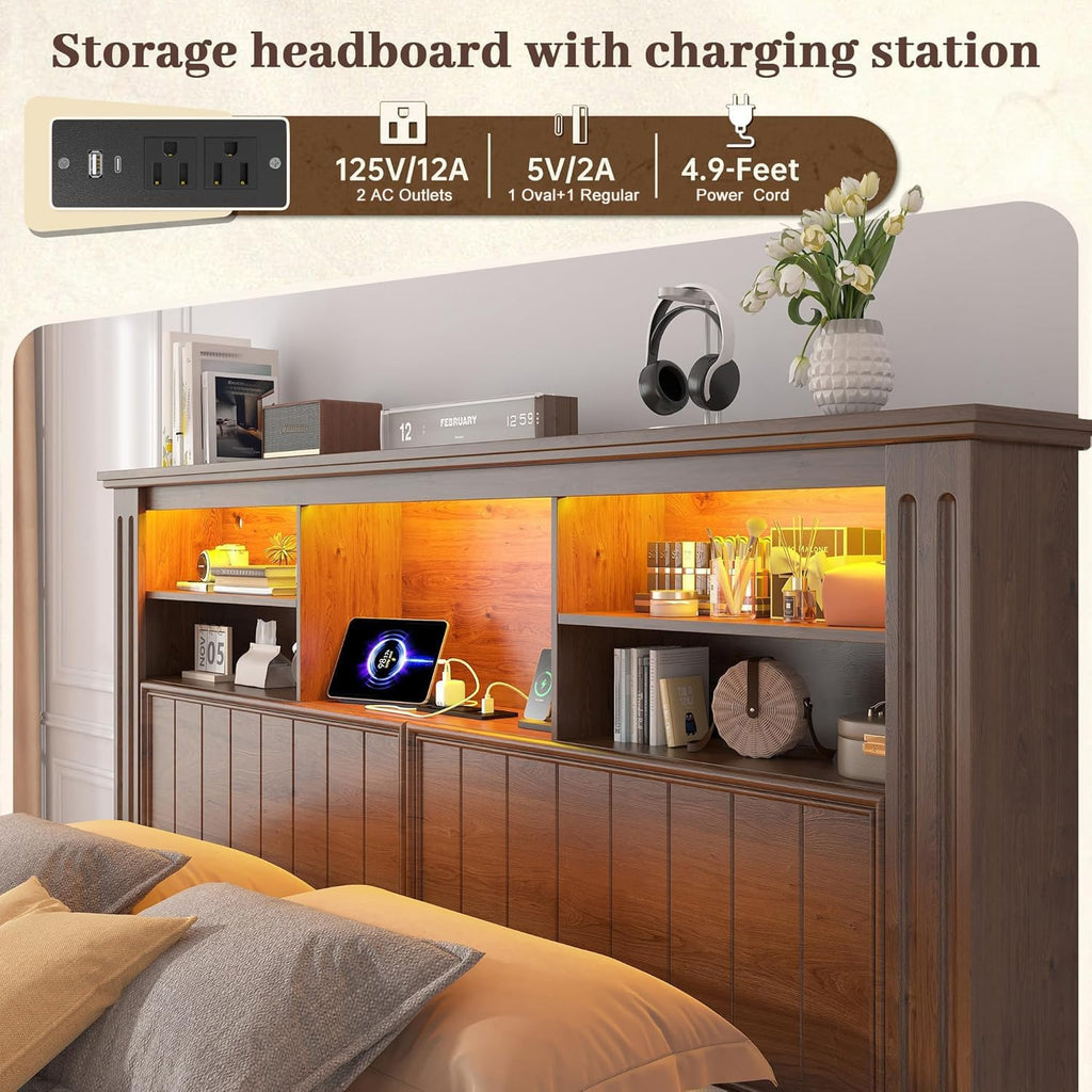 EnHomee Full Size Bed Frame with Storage, Full Bed Frame with 4 Drawers Charging Port & LED, Full Size Bed Frame with Headboard Built in Charging Station,No Box Spring Needed,NO Noise,Vintage Brown