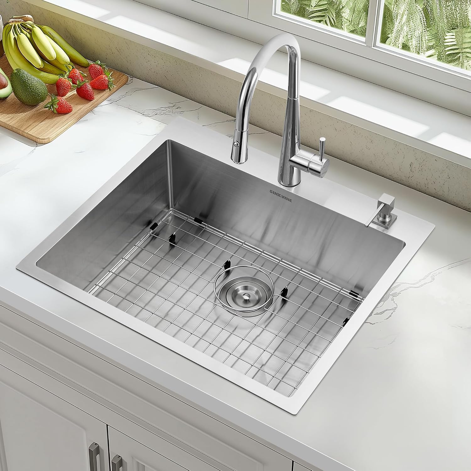 25-Inch Drop-In Kitchen Sink, SINKVINE 25' x 22' Stainless Steel Indoor and Outdoor Sink, Top Mount Large Deep Single Bowl Sink for Laundry Room, with Drain Strainer, Bottom Grid, Roll-up Drying Unit