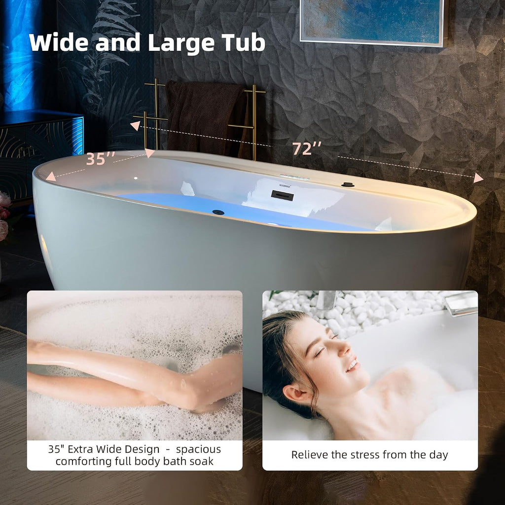 WOODBRIDGE 72' x 35-3/8' Whirlpool and Air Bath Heated Soaking Combination Tub with Adjustable Speed Air Blower and Display Control Panel, Matte Black Finish Trim and Drain Kit, BM500
