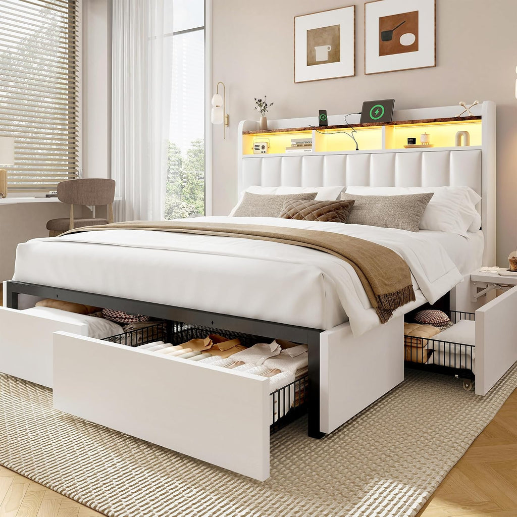 BRELTAM Queen Bed Frame with Headboard,4 Storage Drawers,and Built-in Adjustable Desk,Charging Station,Easy Assembly,No Box Spring Needed,White