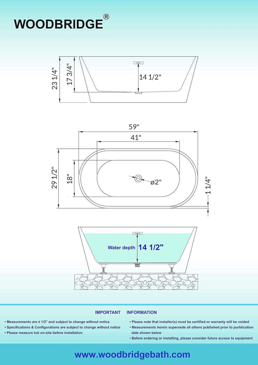 WOODBRIDGE 59' Acrylic Freestanding Bathtub Contemporary Soaking Black Tub with Brushed Nickel Overflow and Drain，B1814-BN