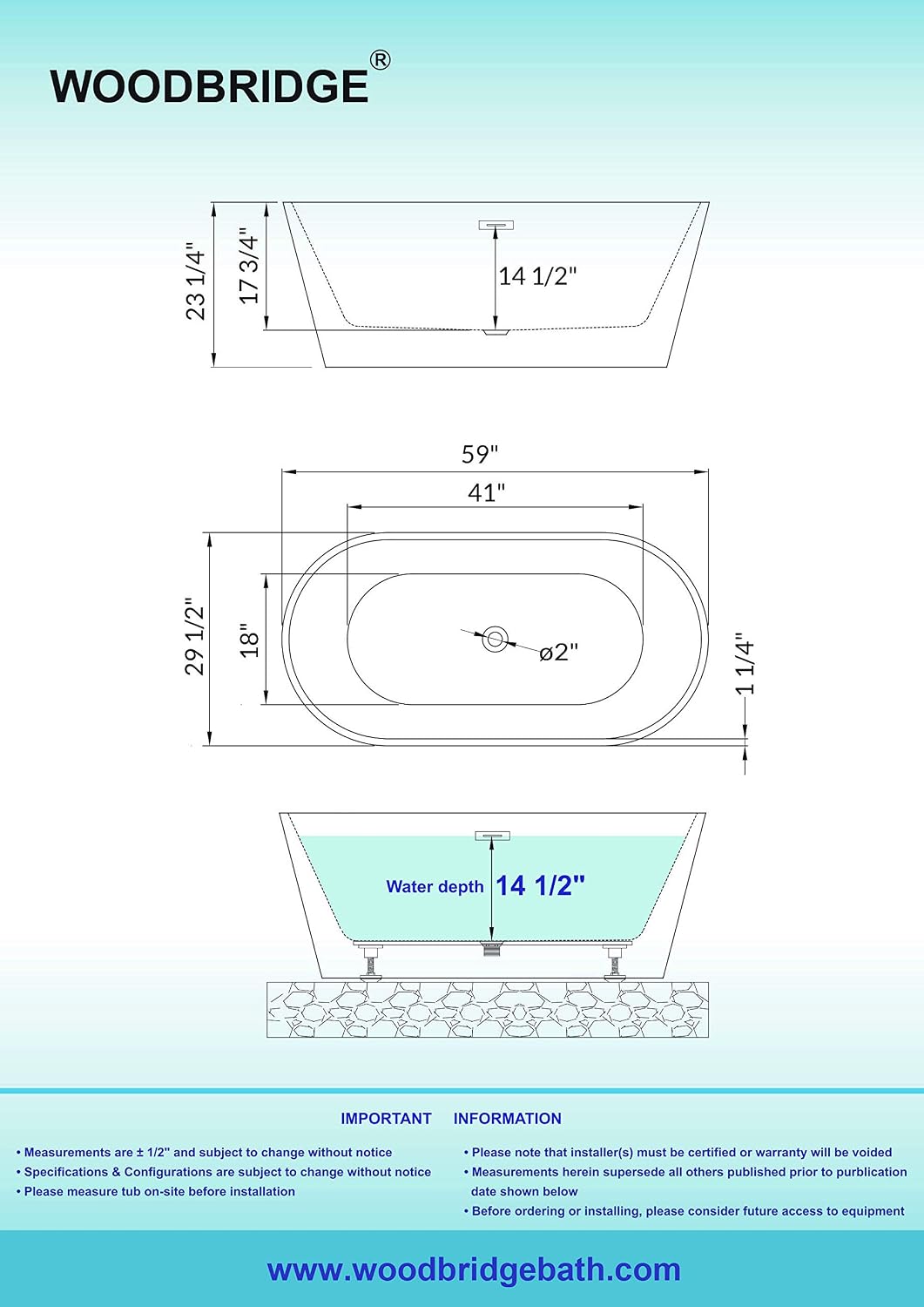 WOODBRIDGE BTA1514-B/N-Drain &O BATHTUB, BTA1514 B/N