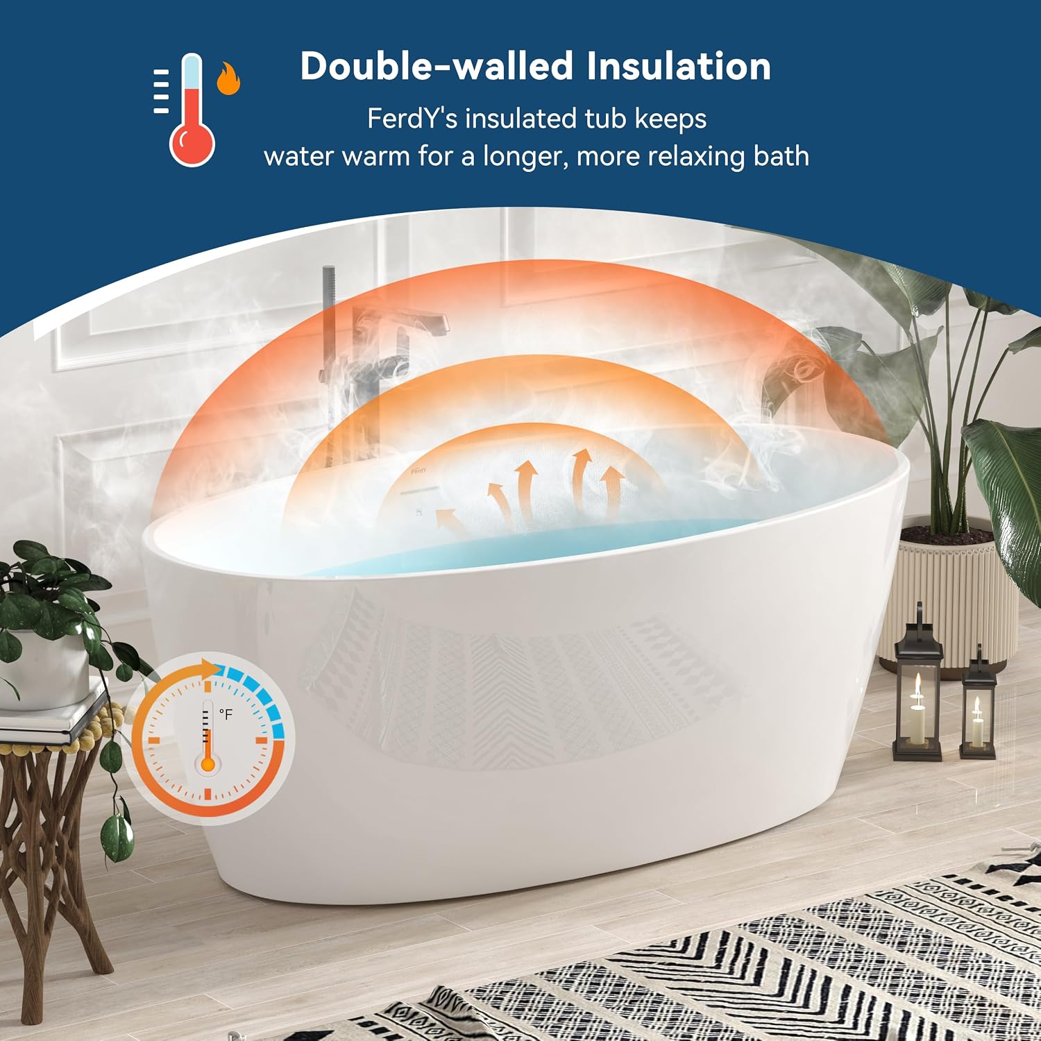 FerdY Tahiti 59' Acrylic Freestanding Bathtub, Elegant Oval Shape Soaking Bathtub, Glossy White, Matte Black Drain & Matte Black Overflow Assembly Included cUPC Certified