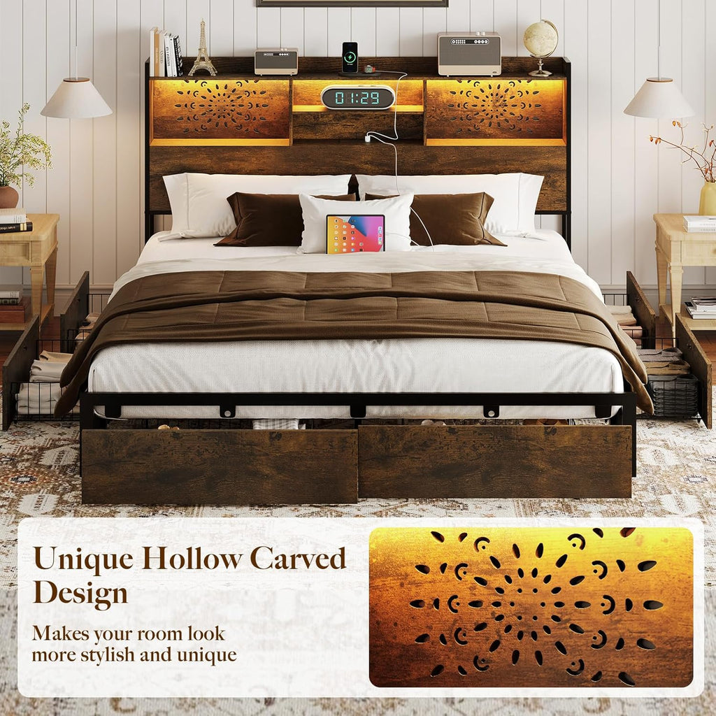 Belffin King Bed Frame with 6 Storage Drawers and Carving Headboard, Wooden Bed Frame with Charging Station and LED Lights, No Noise and Easy Assembly, No Box Spring Needed, Vintage Brown