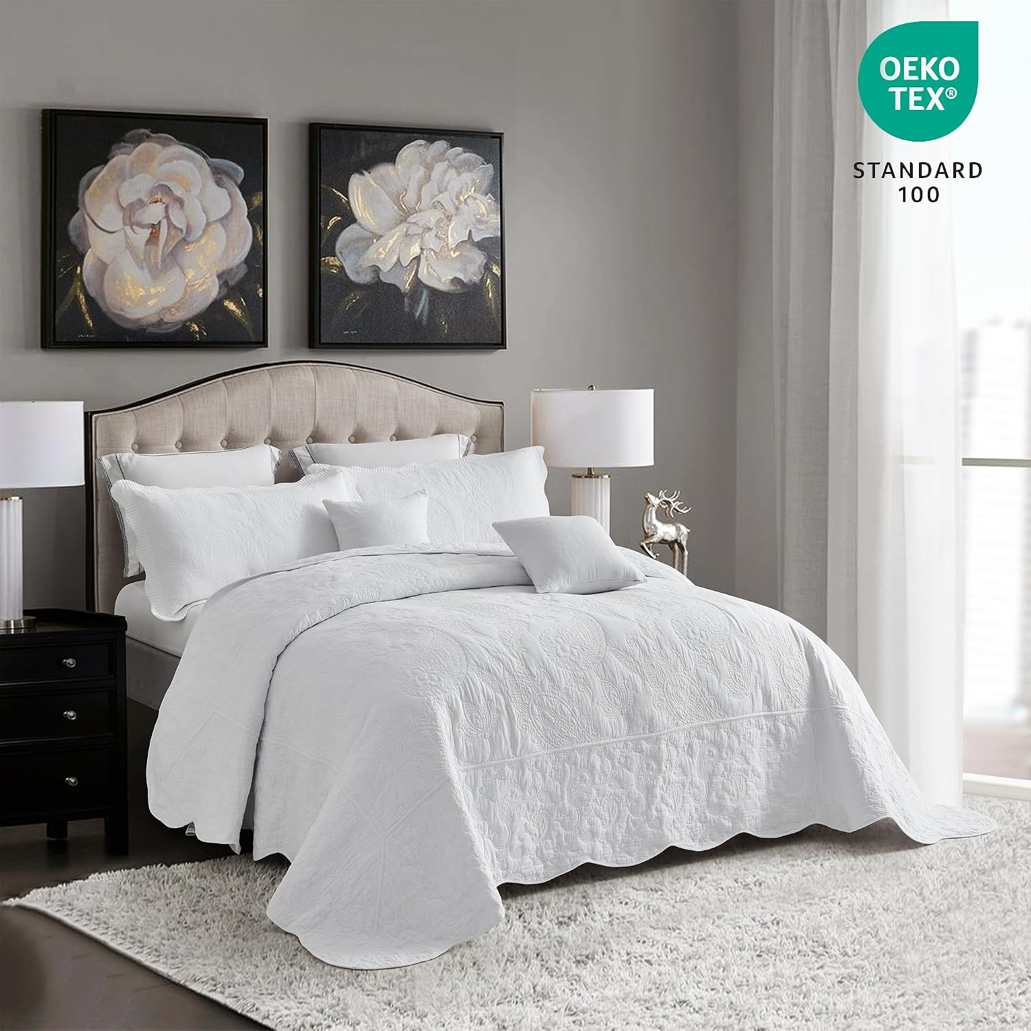Oversized King Bedspread Cotton, Reversible Paisley Pattern Design, Lightweight Bedding Cover, 5 Piece Set, Pure White