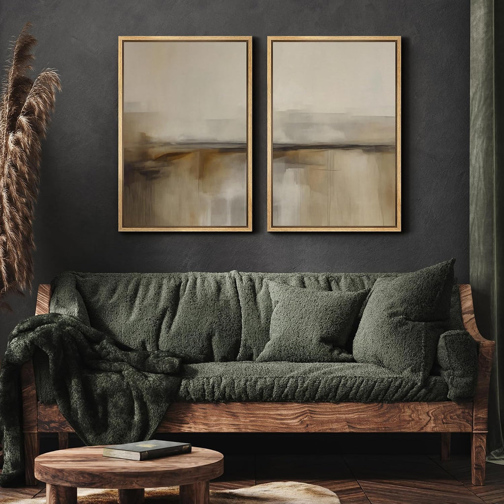 MUDECOR Framed Canvas Print Wall Art Set Abstract Beige and Brown Gradient Neutral Minimalist Landscape Illustrations Modern Art Decorative Calm for Living Room, Bedroom, Office - 24'x36'x2 Natural