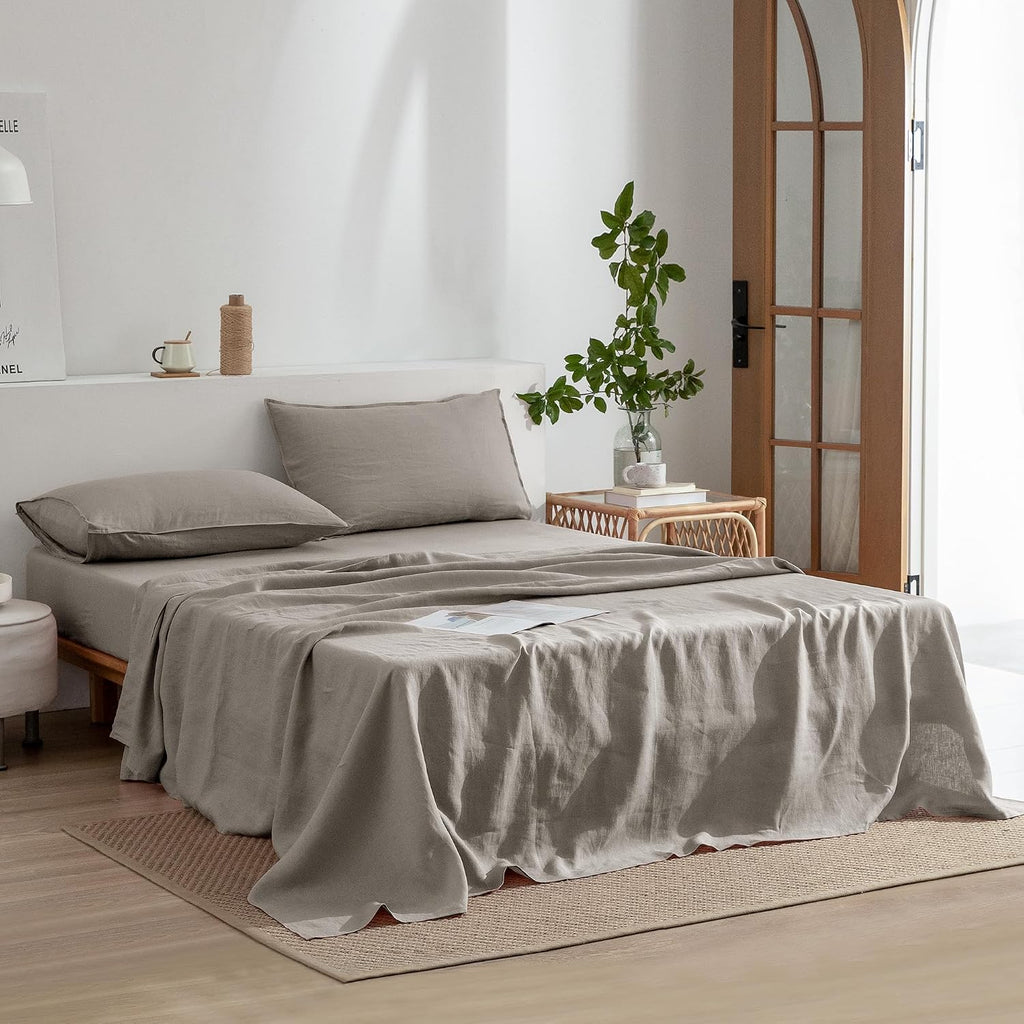 EVERLY Linen California King Sheets Set,100%French Washed Linen Bed Sheets Deep Pocket Sheets,4Pieces(1Flat Sheet,1Fitted Sheet,2Pillowcases)Suitable for Hot Sleepers,180GSM Natural Linen Bedding Set