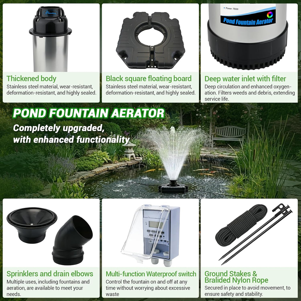 Pond Fountain Aerator, 1HP 750W Floating Fountain Aerator System for Outdoor Small Large Pond Lake, 110V 15000 GPH Fully Automatic Stainless Steel Fountain Pump with 100 Feet Power Cord
